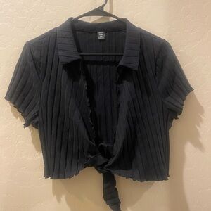 Black Ribbed Tie-Front Top